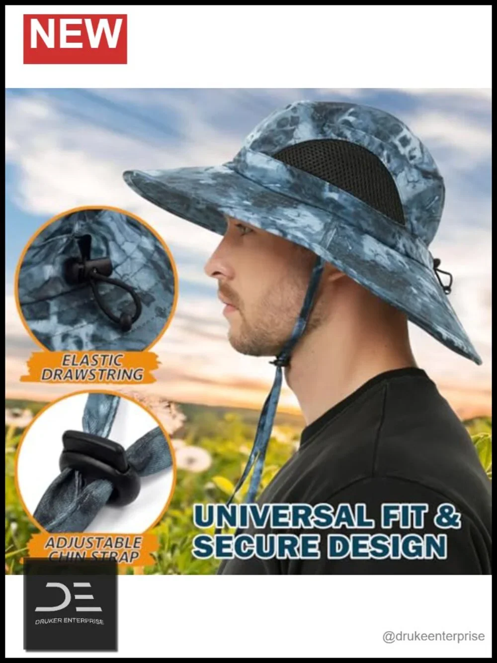 Wide Brim Sun Bucket Hat, UPF 50+ UV Protection, Adjustable Chin Strap,